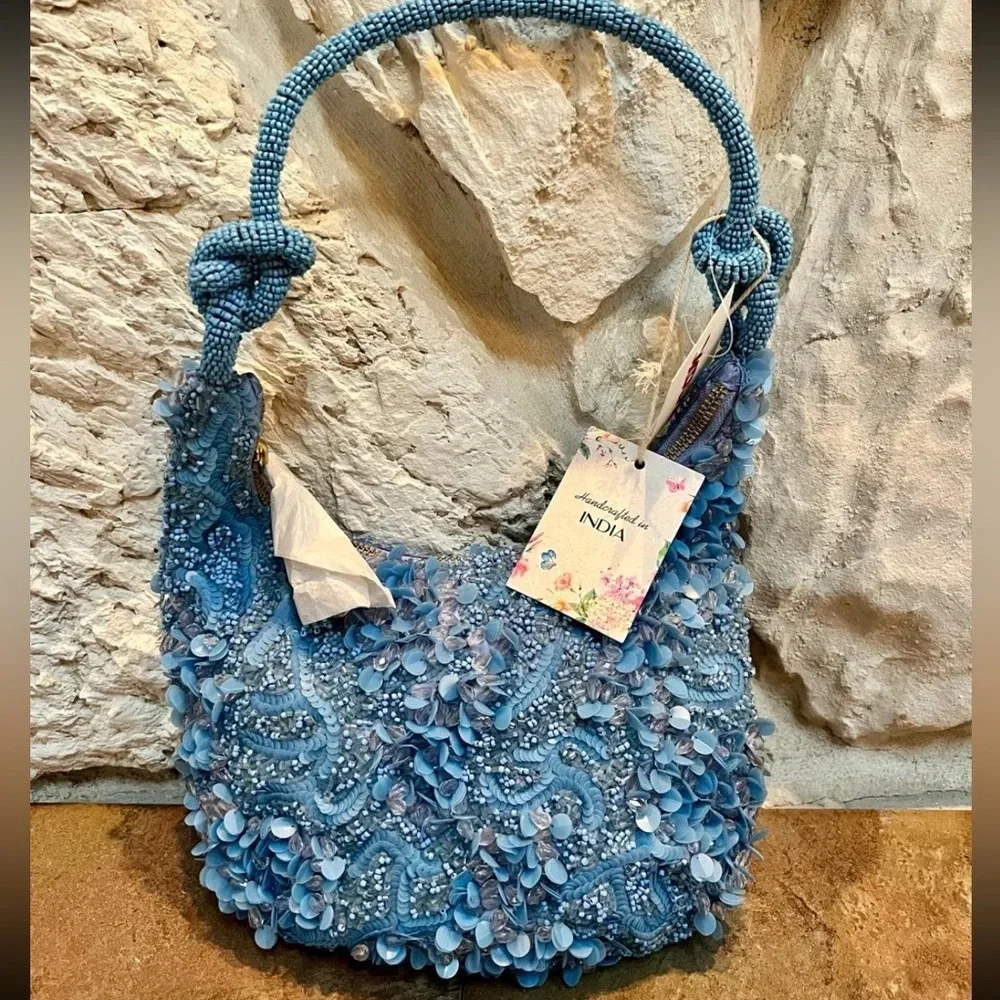NWT tj maxx marshall’s blue sequin beaded purse floral bead shoulder bag - Picture 2 of 2